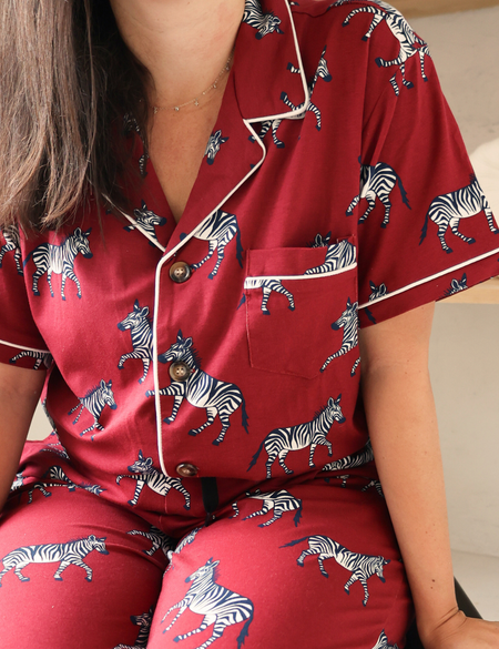 Women's Bamboo Pyjama Long Set - Burgundy Zebra