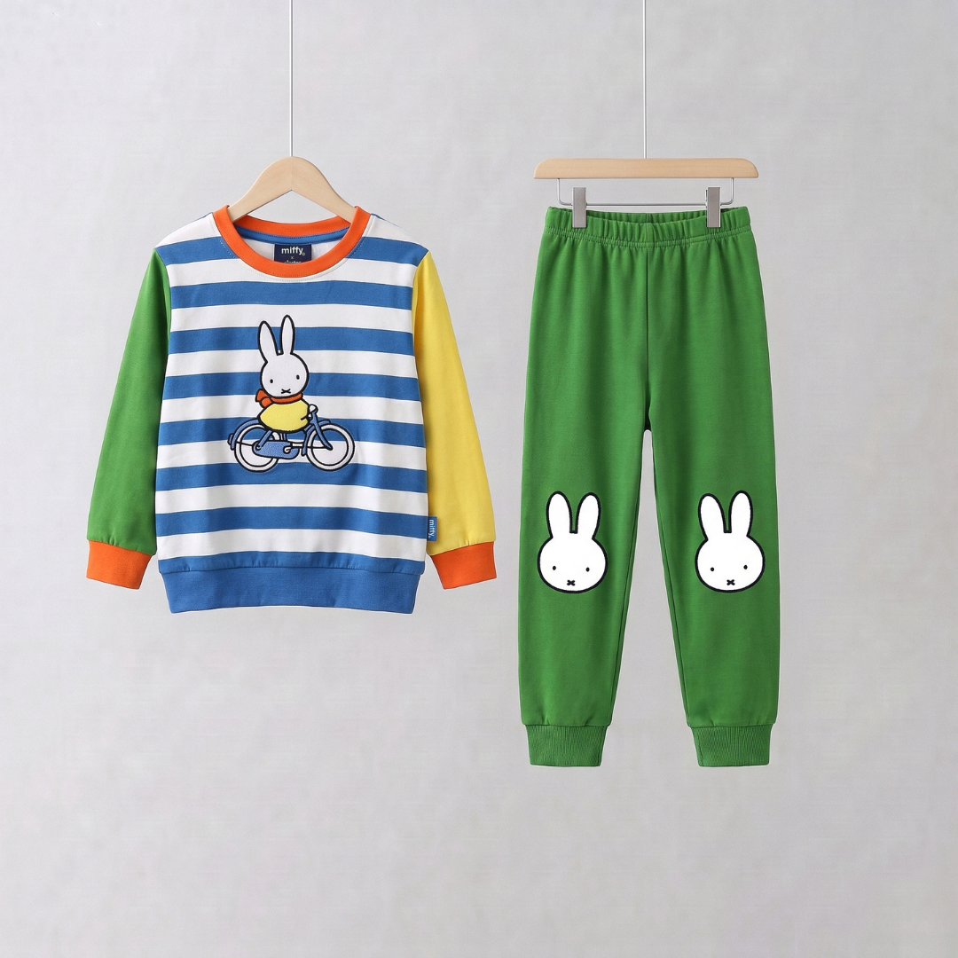 Miffy „on the Move“-Bambus-Lounge-Set mit Fahrrad-Sweatshirt und grüner Jogginghose, Vorderansicht