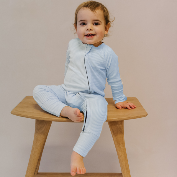 ZIPSTER™ Ribbed Baby Blue Onesie – Soft Bamboo, Fold-over Mitts